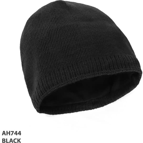 Acrylic black beanie with an inner lining, featuring a simple, functional design.