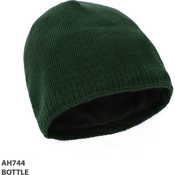 A green acrylic beanie with an inner lining, featuring a logo on the side.