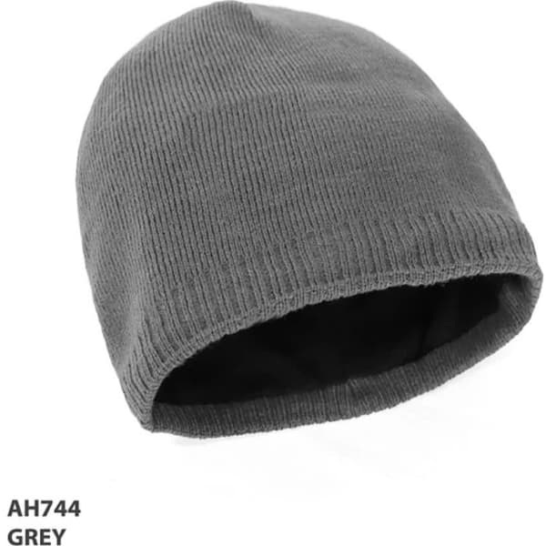 A grey acrylic beanie with a contrasting inner lining, featuring a branded logo.