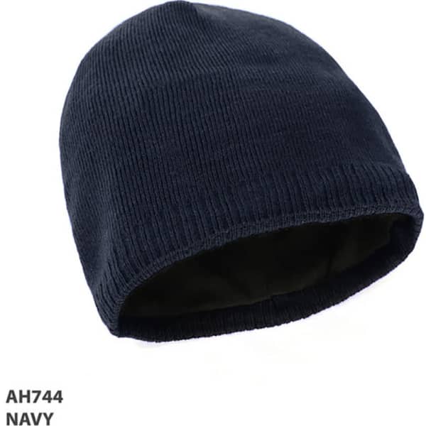 Navy acrylic beanie with an inner lining, featuring a ribbed texture and a logo.