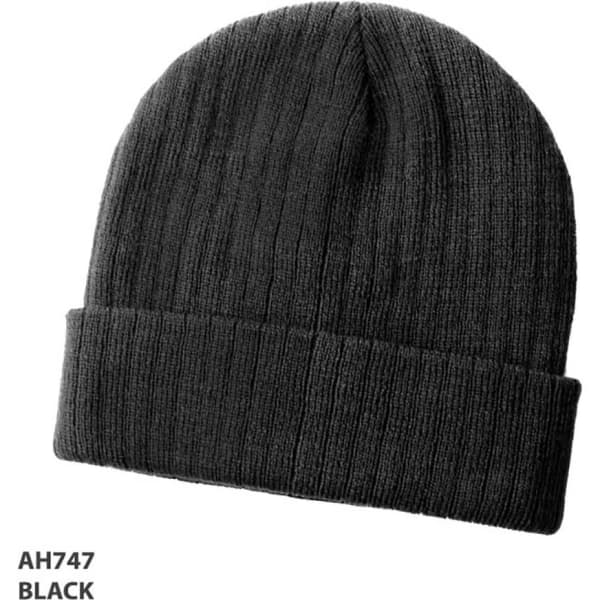 A black wool blend beanie with a ribbed texture and a folded cuff, featuring a logo.