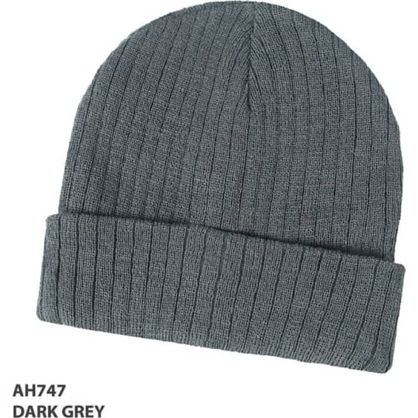 A dark grey wool blend beanie with a ribbed texture and a folded cuff, featuring branding.