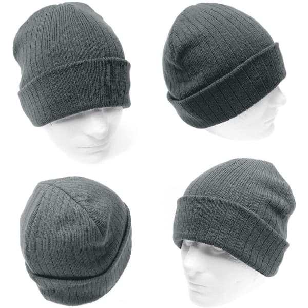 A wool blend beanie in dark grey, featuring a ribbed texture and a logo. Displayed from multiple angles.