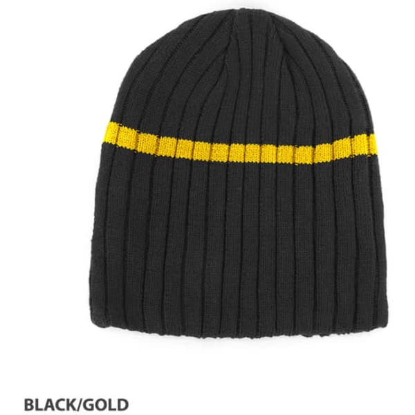 Acrylic cable knit beanie in black with a gold stripe, featuring a logo.