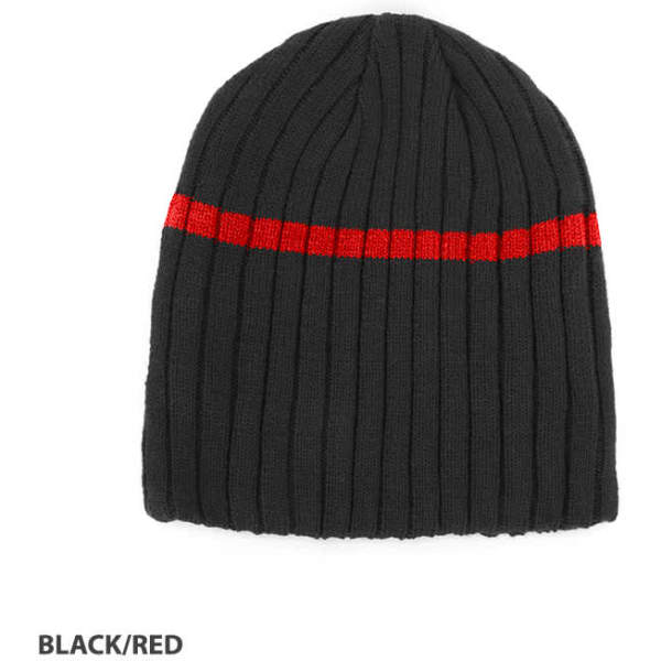 Acrylic cable knit beanie in black with a red stripe, featuring a logo on the side.