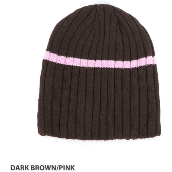 A dark brown beanie with a pink striped design. The beanie features a ribbed texture and has a logo.