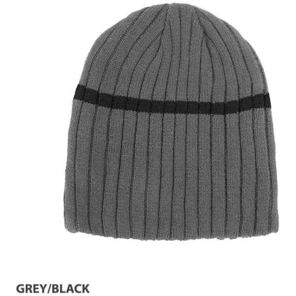 Acrylic cable knit beanie in grey with a black stripe, featuring a logo on the front.