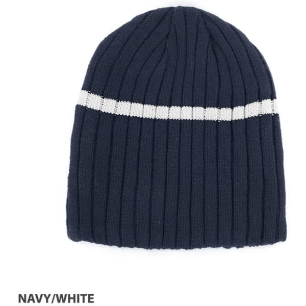 Acrylic cable knit beanie in navy with a white stripe and a logo.
