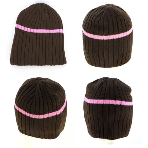 Acrylic cable knit beanie in brown with a pink stripe, featuring multiple views. Includes a logo.