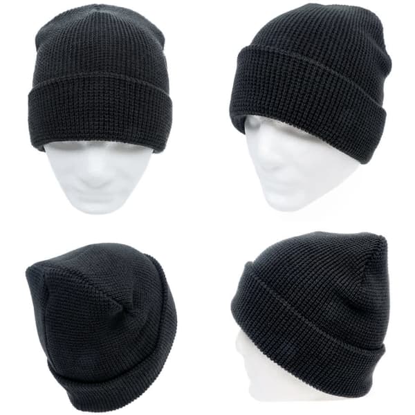 A black grid knit beanie displayed from multiple angles, featuring a logo on its side.