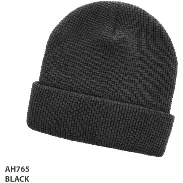 A black grid knit beanie with a folded cuff, featuring a branding logo.