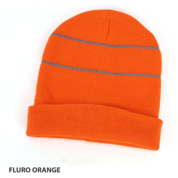 A fluro orange beanie with reflective grey trim. It features a folded cuff and has a logo.