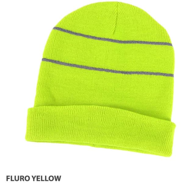 A fluro yellow beanie featuring a reflective trim, displayed with a folded cuff. It has a logo on it.