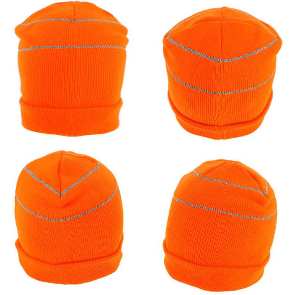 An orange beanie featuring reflective trim, shown from multiple angles. Includes a logo on the design.