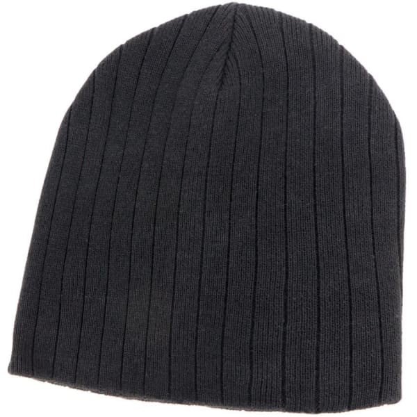 A black 100% cotton beanie featuring a ribbed texture and a simple design, including a logo.