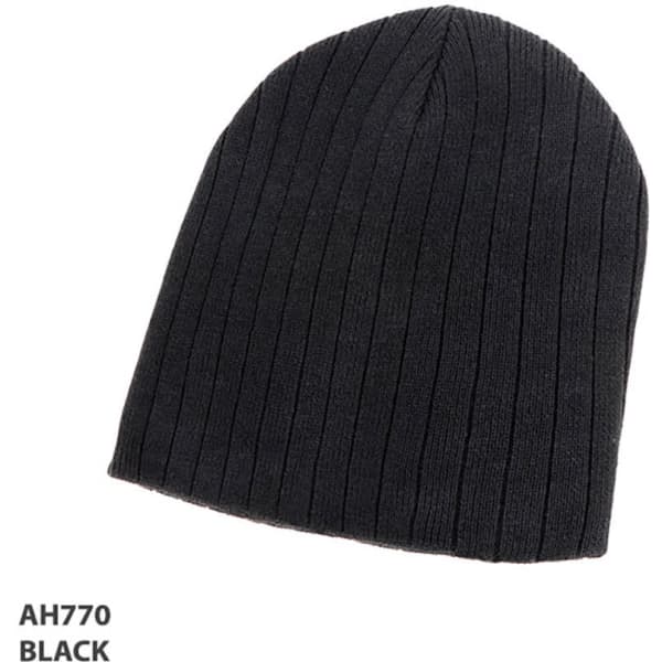 A black, ribbed beanie made from 100% cotton, featuring a logo.
