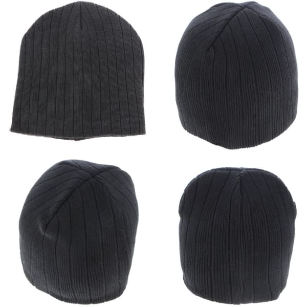 A black ribbed beanie featuring a logo, displayed from multiple angles. Made from 100% cotton.