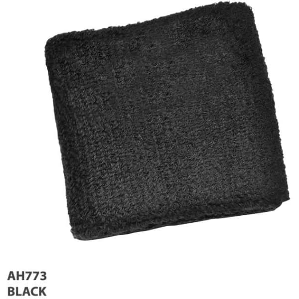 A black wrist band with a textured surface, featuring a logo on one side.