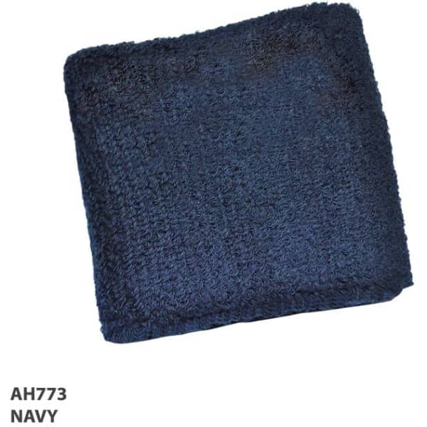 A navy wristband made of soft, textured material, with a neat edge and a small logo.