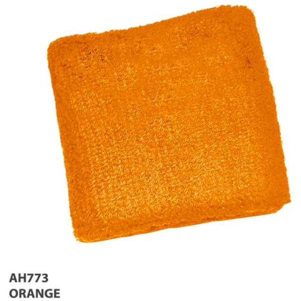 An orange wrist band with a textured finish, featuring a logo in the design.