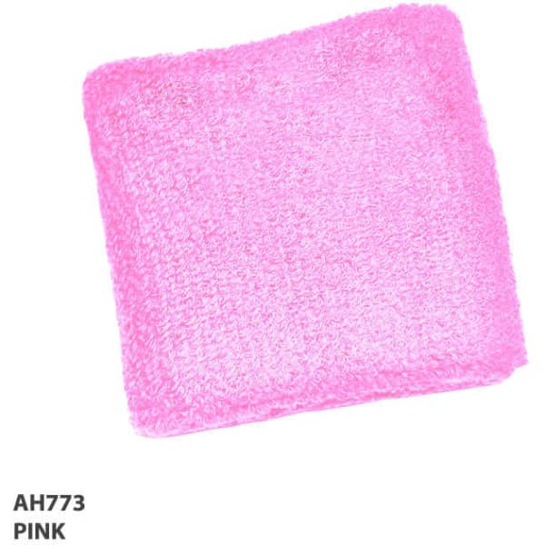 A pink wrist band made of soft material, featuring a textured surface and a logo.