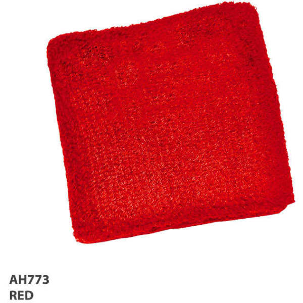 A red wrist band made of textured material, featuring a logo.