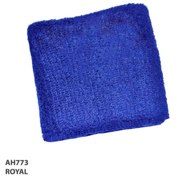 A blue wrist band with a soft texture, featuring a logo on the side.
