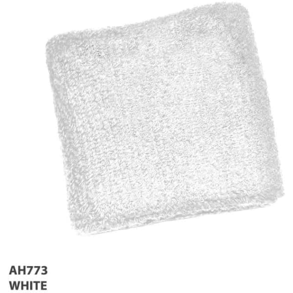 A white wrist band made of textured material, featuring a logo.
