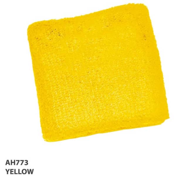 A yellow wrist band with a textured surface, featuring a logo or branding detail.