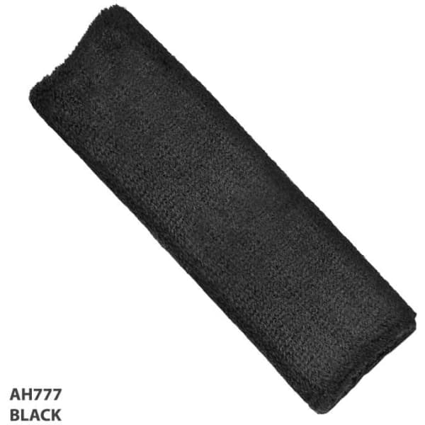 A black headband with a soft, textured finish, featuring a logo.