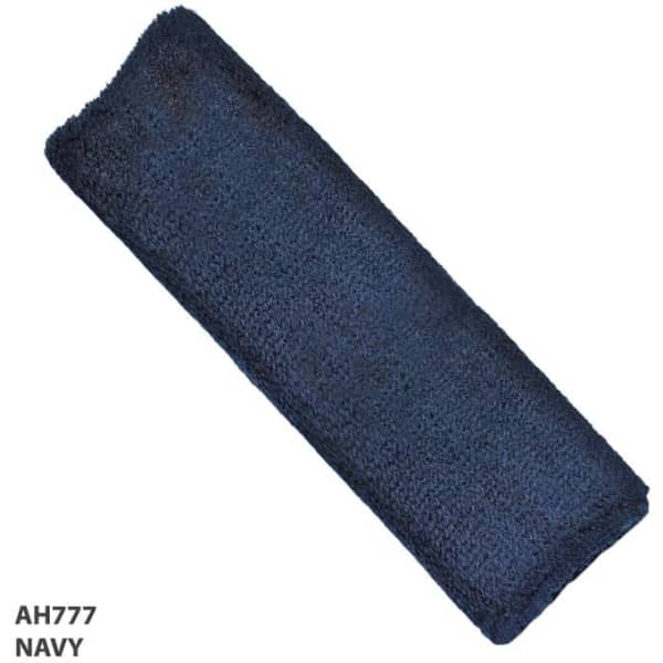A navy blue headband made of soft, textured material, featuring a branding logo.
