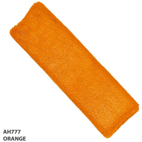 An orange headband made of soft material, featuring a logo.