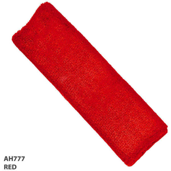 A red headband with a textured surface, featuring a logo at one end.
