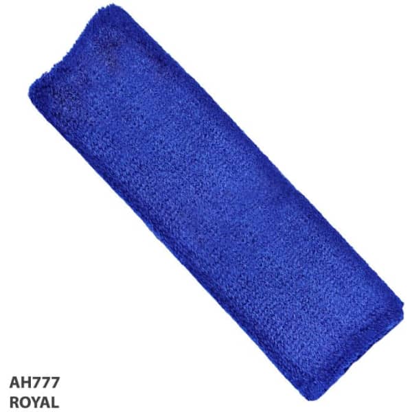 A royal blue headband made of soft fabric, featuring a texture suitable for headwear. It has a branding logo.