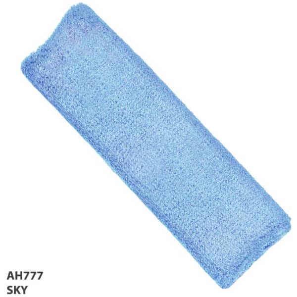 A blue headband made of soft material, featuring a branding logo.