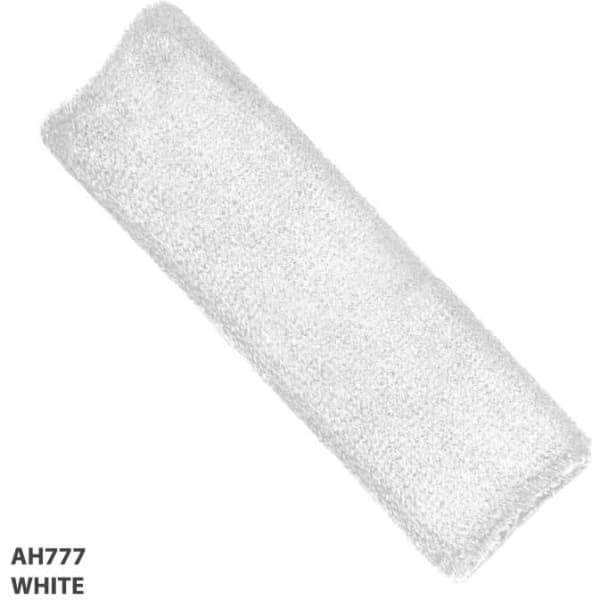 A white headband made of soft, textured fabric with a logo.