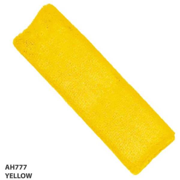 A yellow headband, made from soft material, featuring a logo or branding.