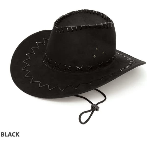 A black cowboy hat with stitching details and a chin strap. It features a wide brim and a high crown.