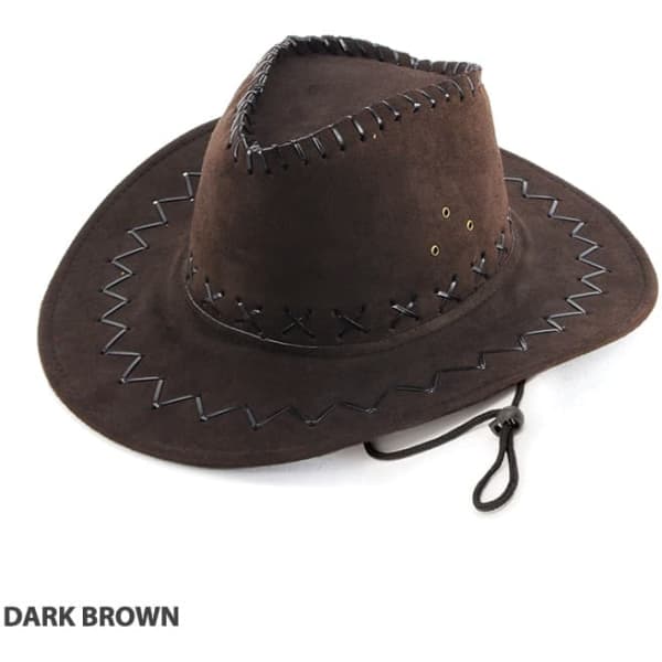 A dark brown cowboy hat with decorative stitching and a chin strap. It features a branding logo.