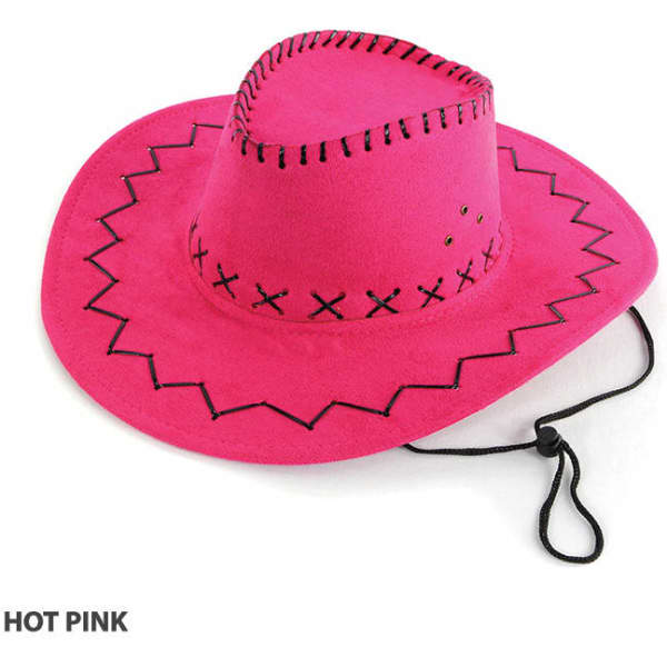 A hot pink cowboy hat with black stitching and a chin strap. It features a wide brim and a pointed crown.