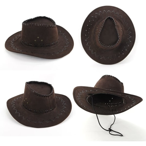 A brown cowboy hat with decorative stitching and ventilation holes, featuring a chin strap.