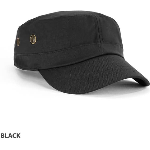 A black military cap with a flat top, featuring ventilation holes and a curved brim.