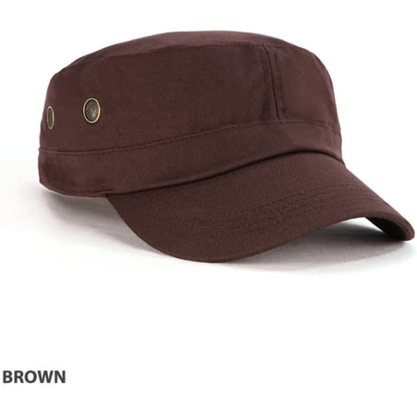 A brown military cap with a flat top and a wide brim, featuring decorative eyelets.