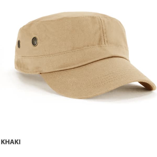 A khaki military cap with ventilation eyelets and a curved brim, featuring a logo on the side.