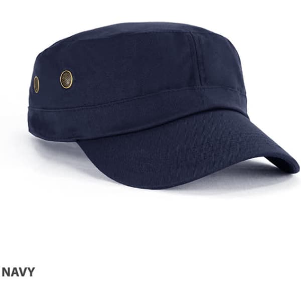 A navy military cap with a flat peak and two side eyelets. It features a slight structured design.