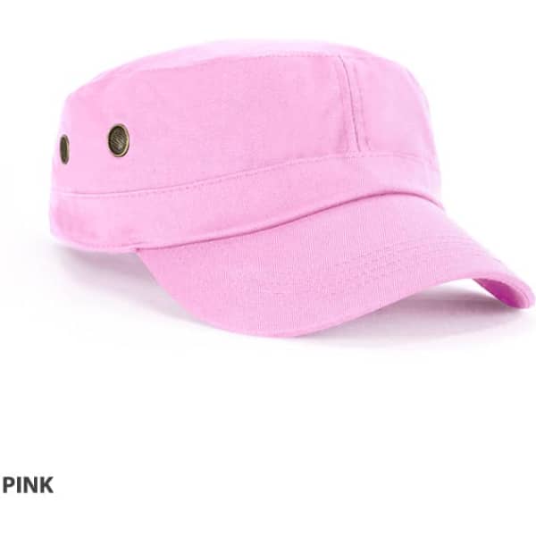 A pink military cap featuring a flat brim and ventilation eyelets, with a logo present on the front.