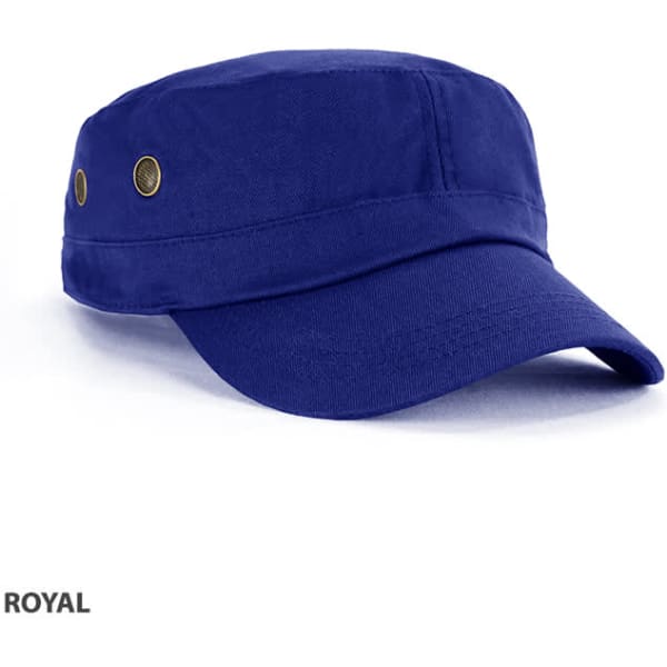 A royal blue military cap with a flat brim and side ventilation holes. It features a logo on the front.