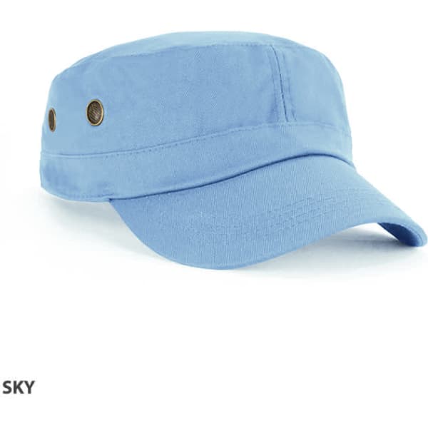 A military cap in sky blue with an adjustable strap and metal eyelets for ventilation.