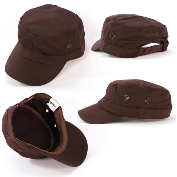 A brown military cap featuring a rounded crown, adorned with ventilation eyelets and an adjustable strap at the back.