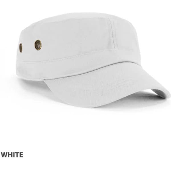 A white military cap with a flat brim and ventilation eyelets, featuring a logo on the front.